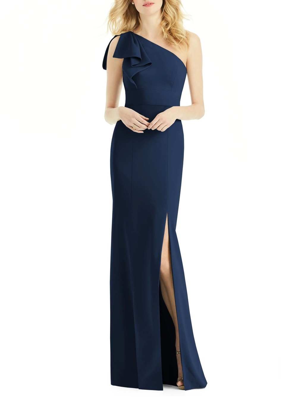 After Six Bow One-Shoulder Trumpet Gown Navy Blue Maxi Dress Size 2